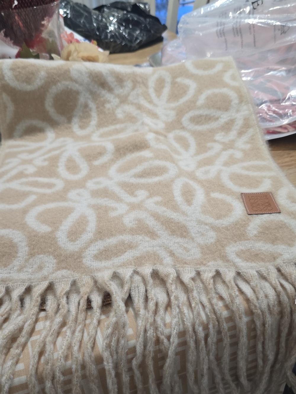 Cream & Beige Anagram Fringe Throw Blanket